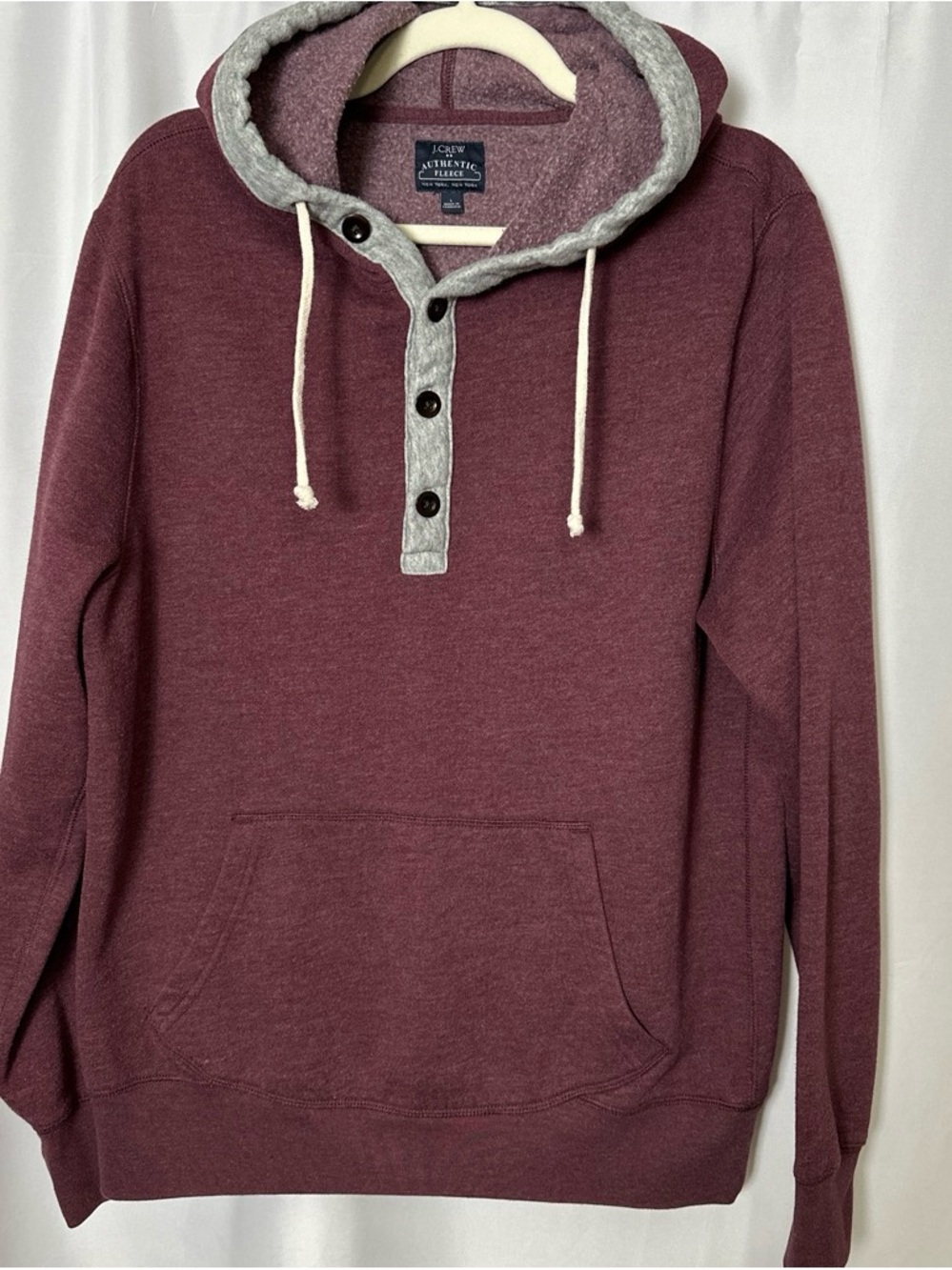 J.Crew Authentic Fleece Burgundy Henley Pullover Hoodie Large